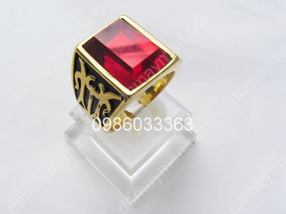Nhẫn Nam Inox Xi Vàng Đá Topaz Đỏ